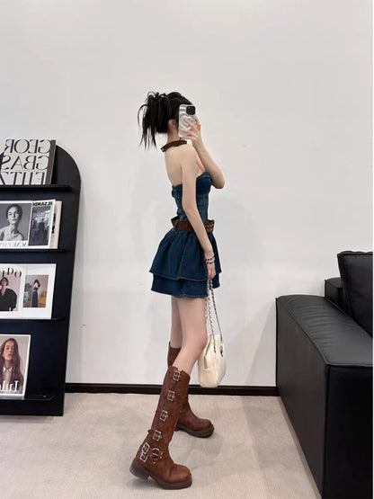 EUSKY IIWAN Retro denim sweet hottie tube top dress with waist slimming tutu short A-line skirt (D659)