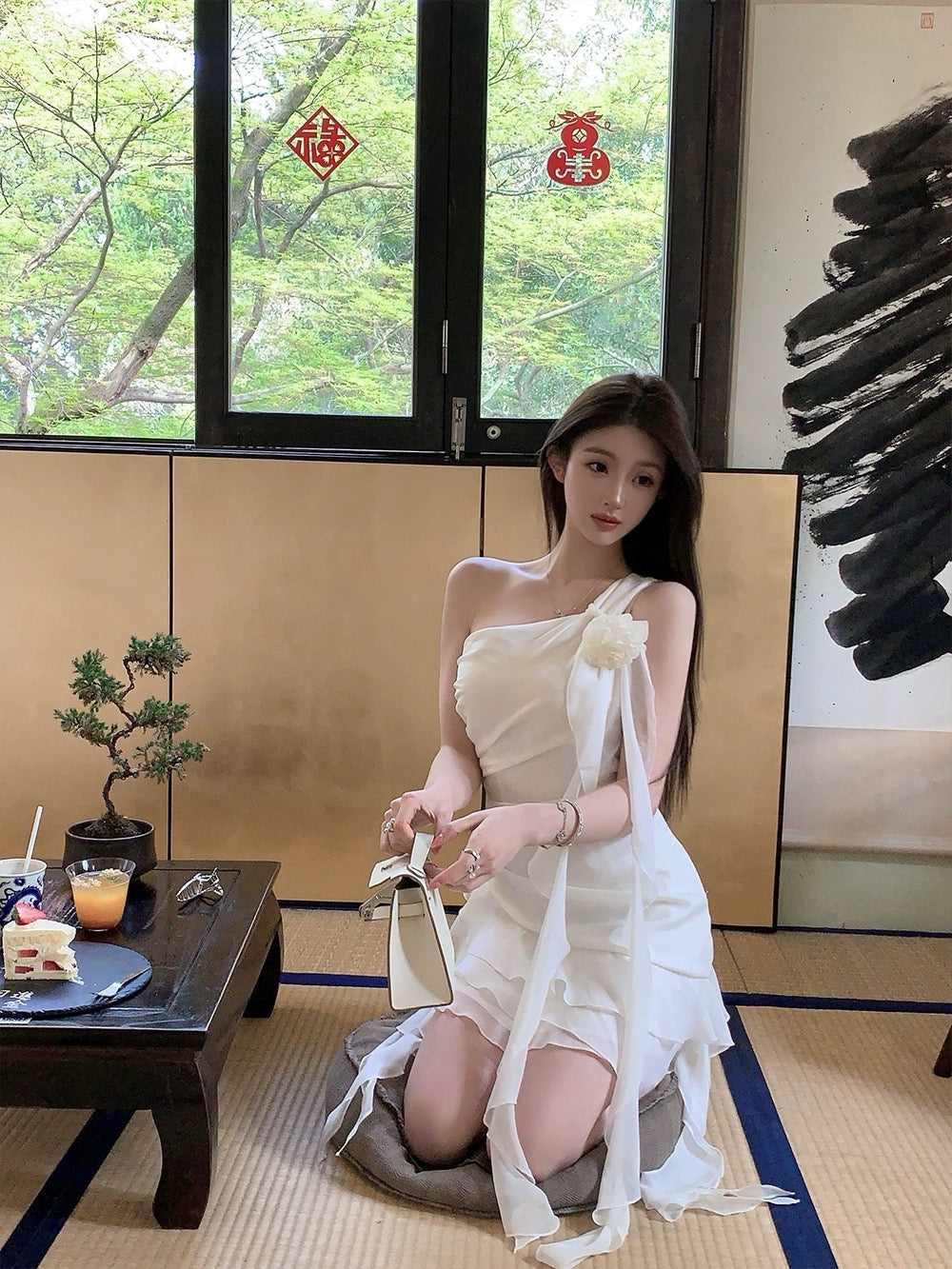 FairyJiang summer new white oblique shoulder chiffon dress waist short fairy cake skirt with flowers