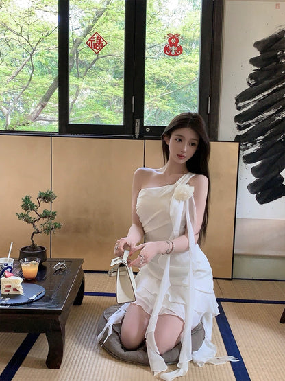 FairyJiang summer new white oblique shoulder chiffon dress waist short fairy cake skirt with flowers