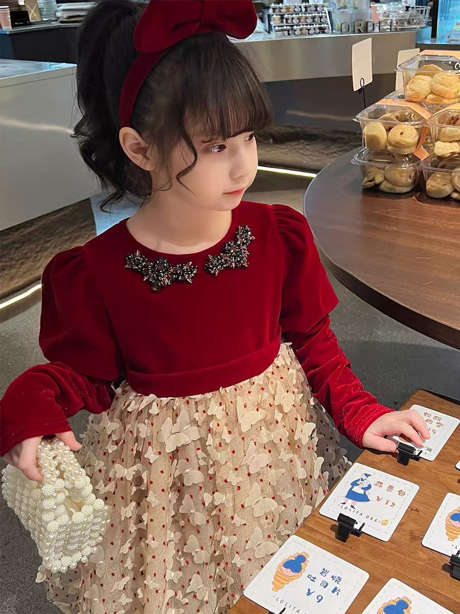 Girls Dresses Spring and Autumn 2023 New Style Children's Velvet Mesh Princess Dresses Little Girls Velvet New Year Dresses