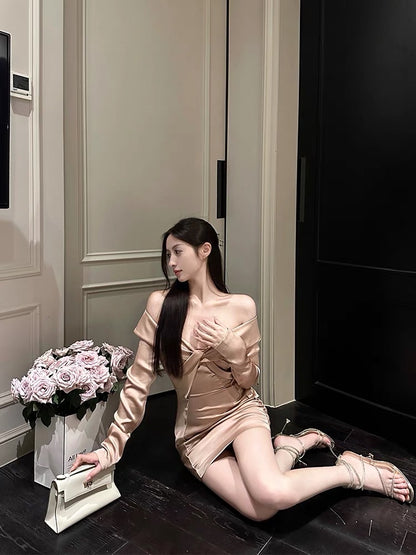 For Fay champagne one-shoulder elegant knot design slim dress light luxury high-end skirt