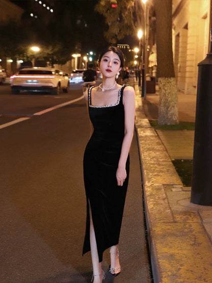 Thirteen and Little French suspender dress female summer slim slit diamond Hepburn style velvet black dress