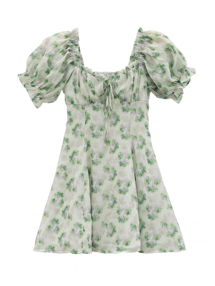 LOVEHEYNEW heavy fabric floral dress women's summer 2023 new design puff sleeve short skirt D810