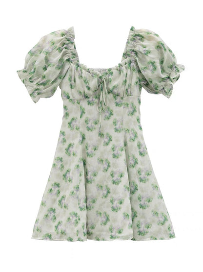 LOVEHEYNEW heavy fabric floral dress women's summer 2023 new design puff sleeve short skirt D810