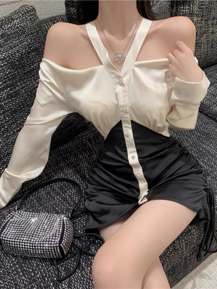 Retro temperament color contrast splicing fake two-piece dress women's autumn pure desire hanging neck strapless drawstring pleated hip skirt