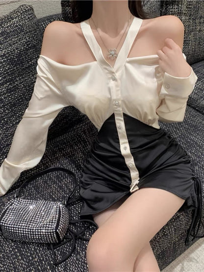 Retro temperament color contrast splicing fake two-piece dress women's autumn pure desire hanging neck strapless drawstring pleated hip skirt