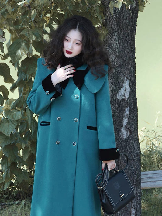 Eat Green Vegetables Blue College Style Woolen Coat Women's Spring Premium Style Vintage Jacket T2369