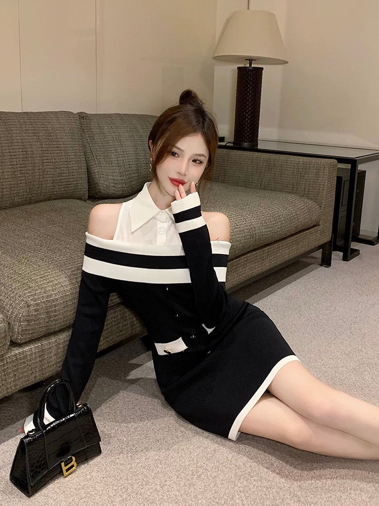 Extraordinary Sky Sexy One Shoulder Long Sleeve Knitted Dress 2023 Temperament Xiaoxiang Off Shoulder Fake Two Piece Skirt