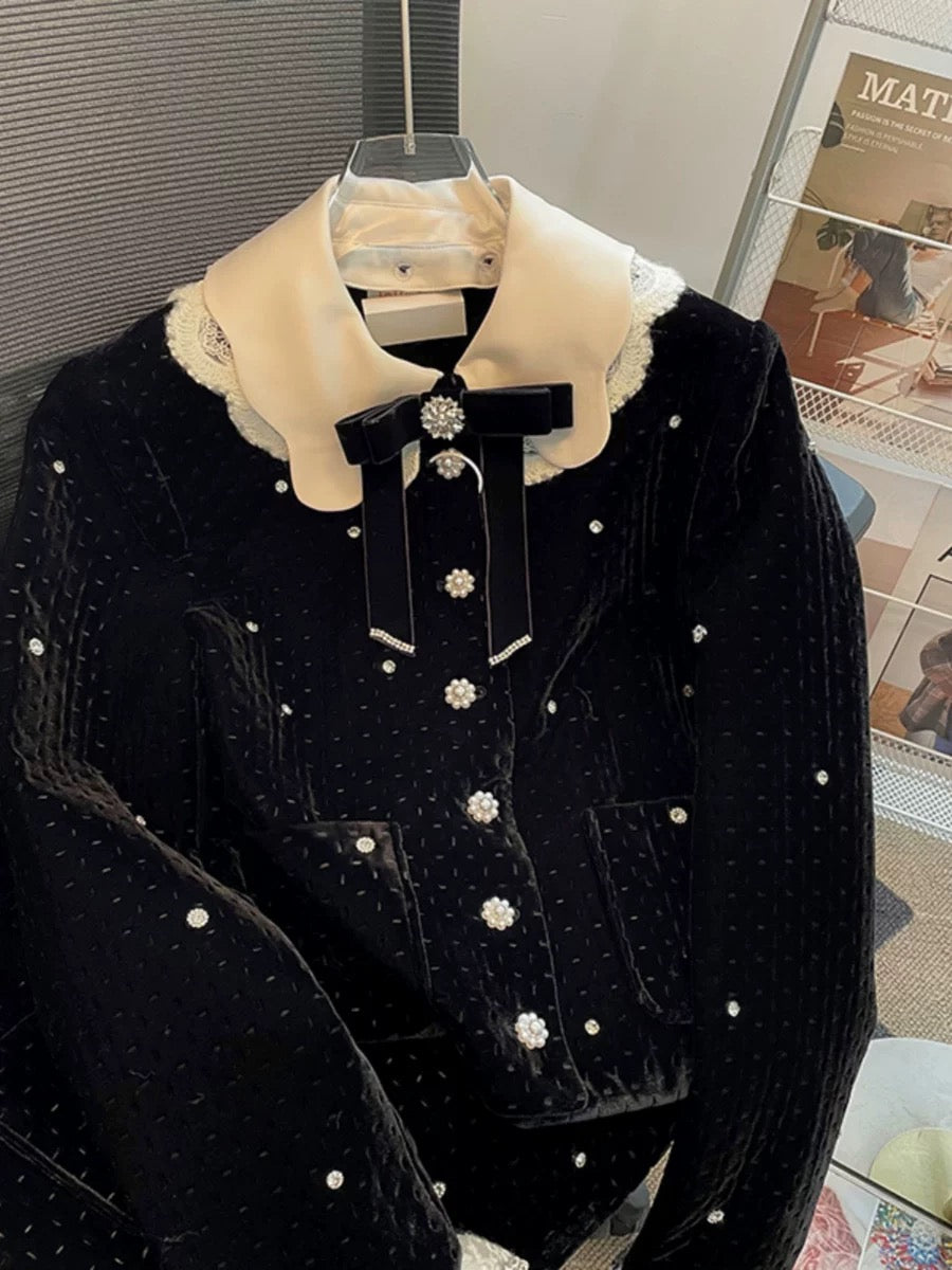 2023 new autumn style temperament diamond velvet short jacket women's skirt lace splicing small fragrance two-piece suit