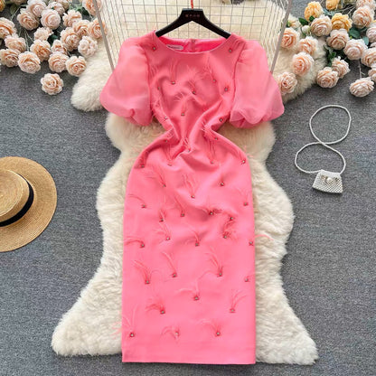 French high-end heavy industry nail diamond feather tassel round neck dress women's slim and elegant puff sleeve dress long dress (D0982)