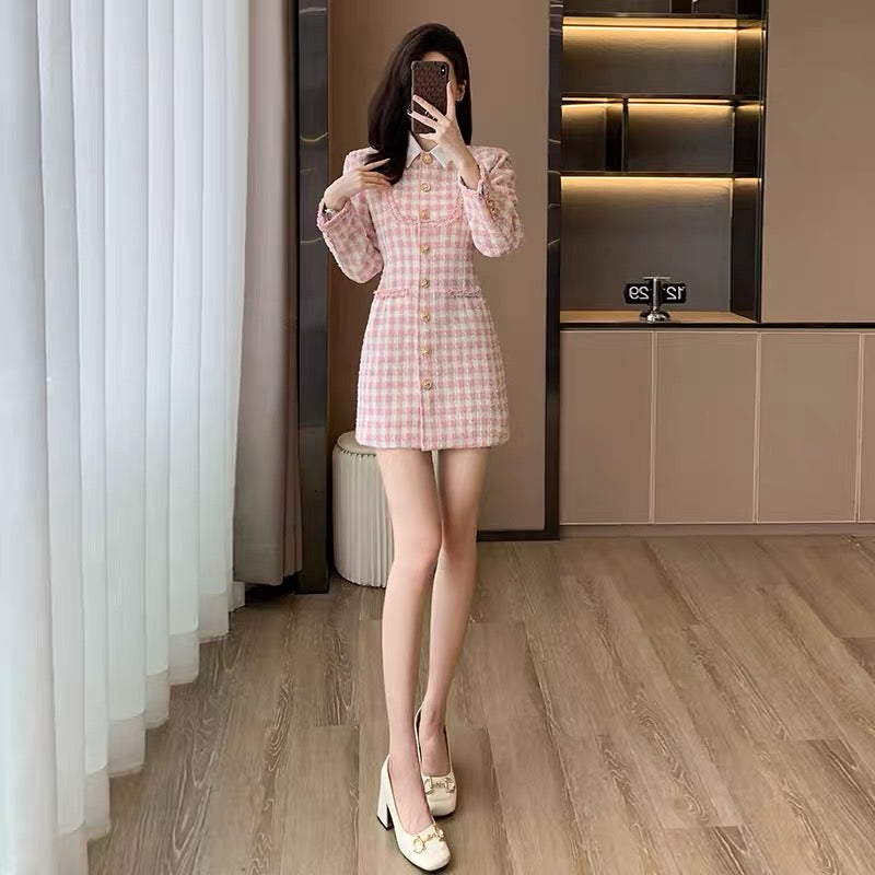 Xiaoxiangfeng pink dress for women autumn 2023 new French style high-end temperament high-end light luxury long-sleeved skirt