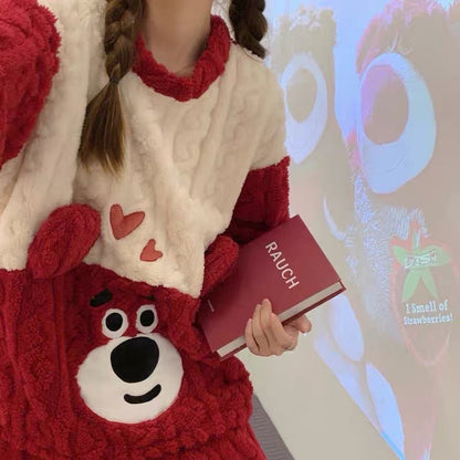 Coral velvet pajamas for women in winter 2022 new autumn and winter plus velvet thickened flannel strawberry bear internet celebrity style