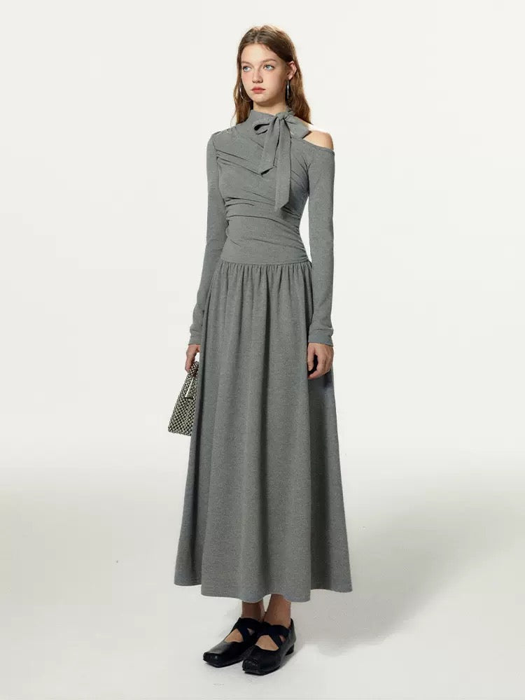 BOHOL BLING mint is not cool, off-shoulder pleated slim long-sleeved A-line long bottoming dress for women in autumn and winter