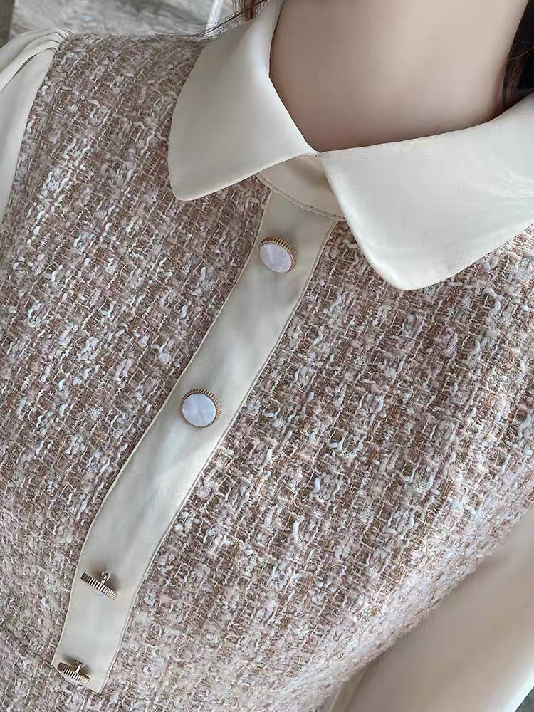 Xiaoxiangfeng Dress Autumn 2021 New Women's Polo Collar Contrast Color Splicing Fake Two-piece Retro Fashion Skirt