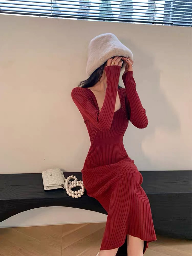 WANGXO Square Neck Red Knitted Dress Slim-fitting Waist Slim Christmas New Year Bottoming Shirt Mid-Length Skirt (B1715)