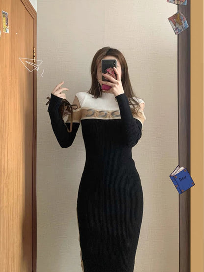 Original knitted dress spring 2023 new female Hepburn style temperament small waist waist bottoming sweater dress T3482