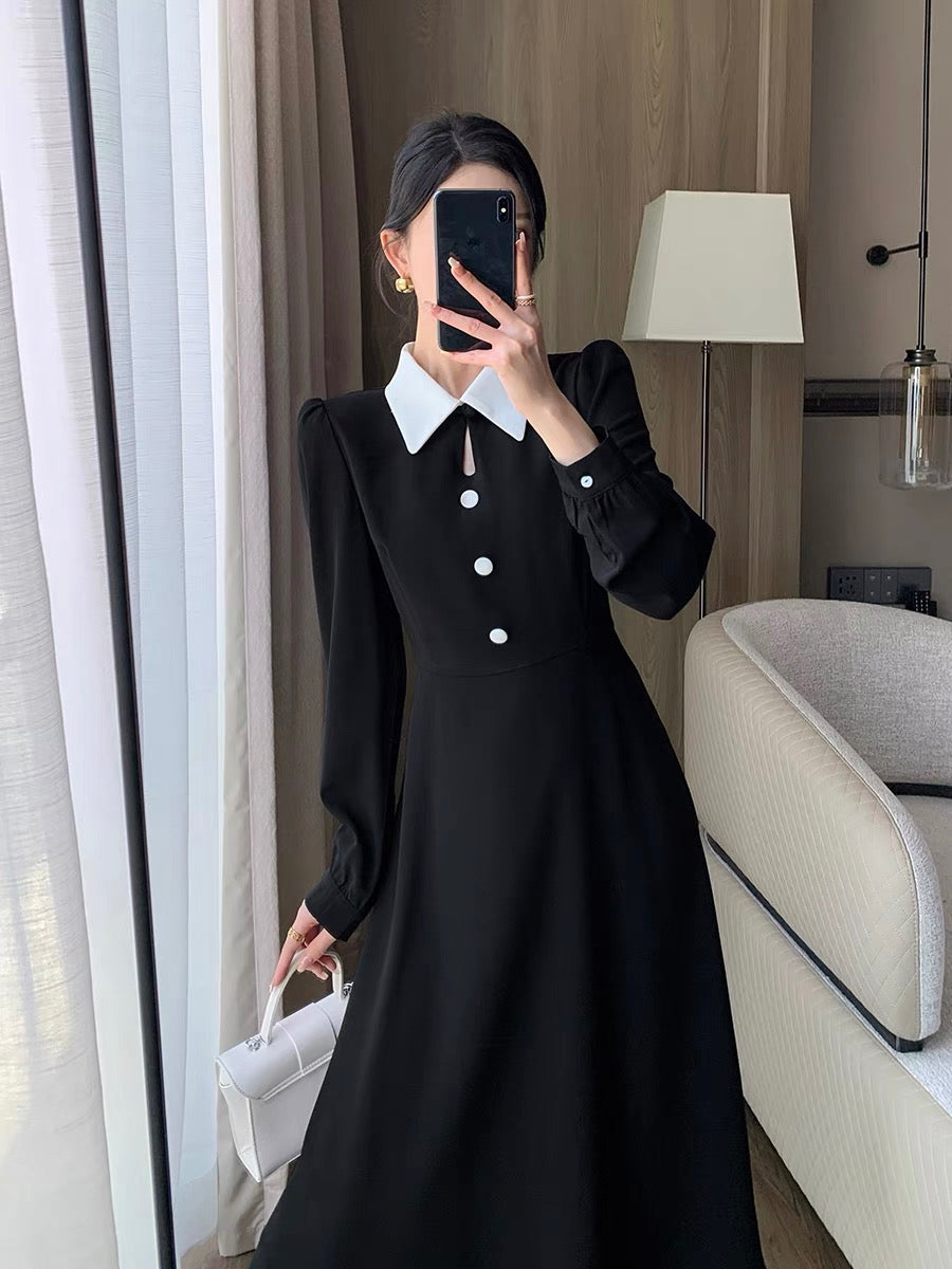 Guo Ge's black dress for women 2023 autumn new French retro slim Hepburn style long skirt with drape