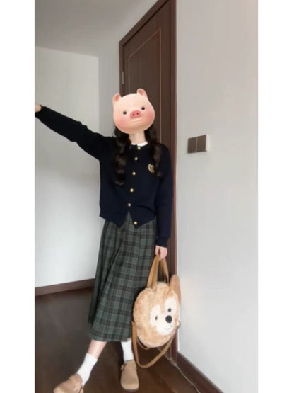 Korean girls' high school style set of knitted cardigan plaid skirt two-piece suit slim temperament autumn and winter