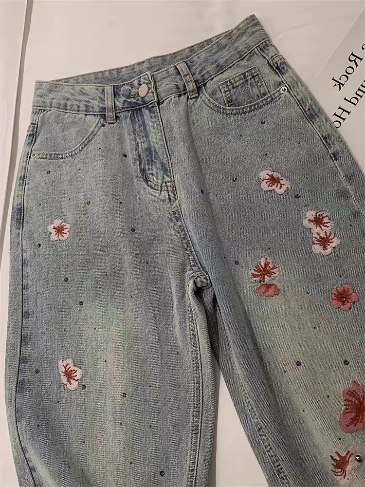 Korean version of high-level design sense heavy industry printing wide-leg jeans for men and women summer street loose retro straight pants