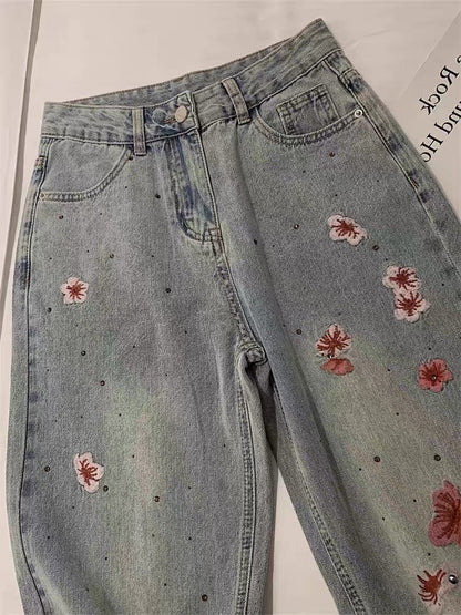 Korean version of high-level design sense heavy industry printing wide-leg jeans for men and women summer street loose retro straight pants