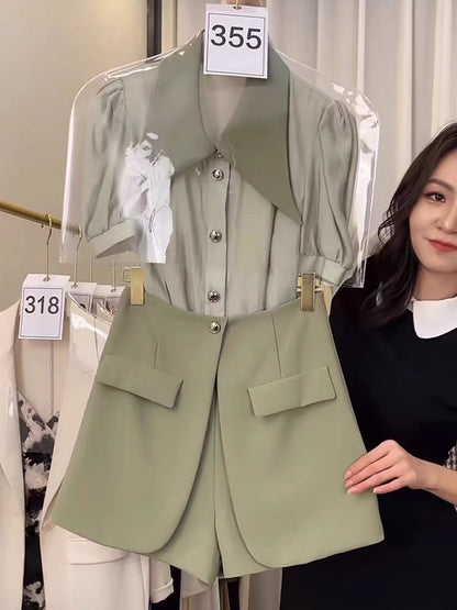2023 new summer style internet celebrity small fragrant style high-end small dress casual short-sleeved shirt shorts two-piece suit for women