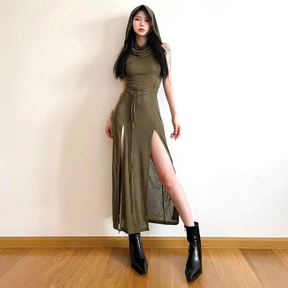SylCue Dune Wasteland Style Sexy Sleeveless Dress Women's Slim and Height Slit Hooded Long Skirt