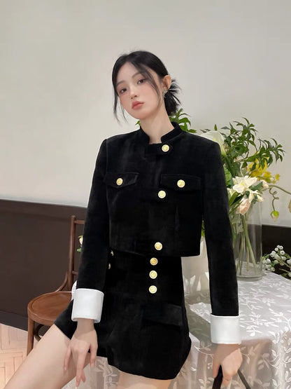 Black velvet suit for women, new autumn style, high-end, temperament, double-breasted jacket, short skirt, two-piece set (B2413)