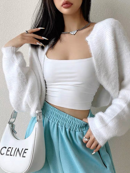 liviahome European and American sweet and spicy apricot wool knitted cardigan women's short outer shawl jacket 2023 autumn (T193)