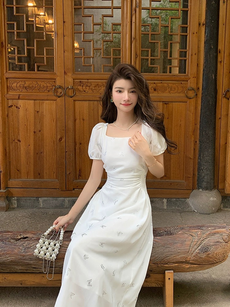Deng Liuliu French elegant temperament white dress women's summer high-end designer style slim and slim long skirt