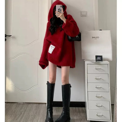 High-end fashionable red sweater for women in autumn and winter, lazy style hooded sweater, loose soft waxy top, trendy T9498