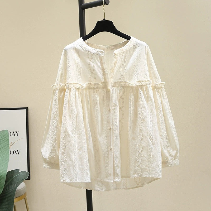 Design round neck ruffled apricot shirt for women 2024 spring new loose long-sleeved shirt tops