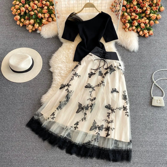 Summer butterfly embroidered mesh skirt high waist knee-length skirt two-piece suit oblique collar short T-shirt short sleeves