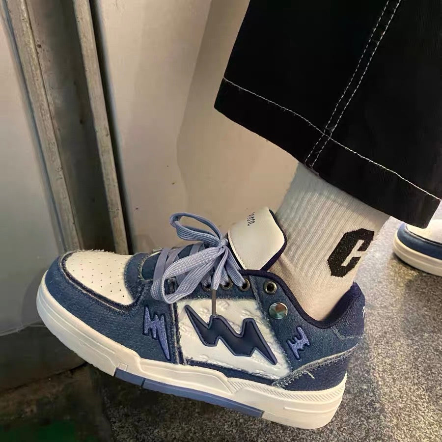 Guochao ins style denim blue splicing trend moral training shoes male chic niche hit color retro couple sports shoes