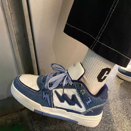 Guochao ins style denim blue splicing trend moral training shoes male chic niche hit color retro couple sports shoes
