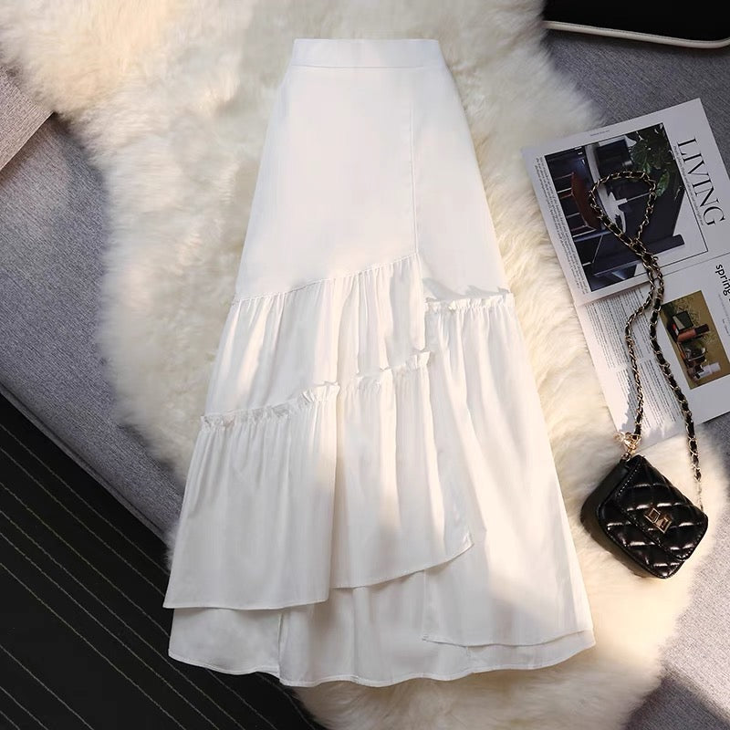 French white skirt for women in summer, irregular pleated skirt, mid-length hip-covering A-line skirt, high waist slit long skirt