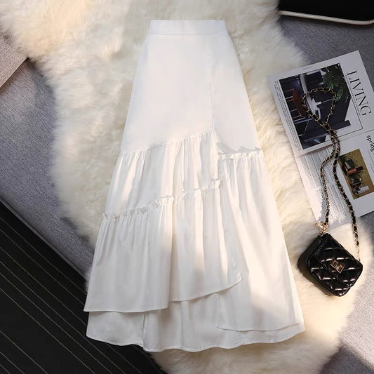 French white skirt for women in summer, irregular pleated skirt, mid-length hip-covering A-line skirt, high waist slit long skirt