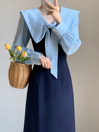 Autumn Women's Clothing 2023 New French Style Waist Slimming Navy Collar Gentle Style Design Niche Long Sleeve Dress