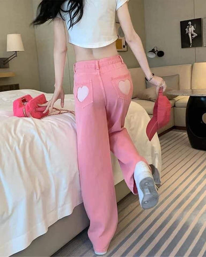 Design niche love pink straight jeans for women 2024 new spring small high-waisted slim pants