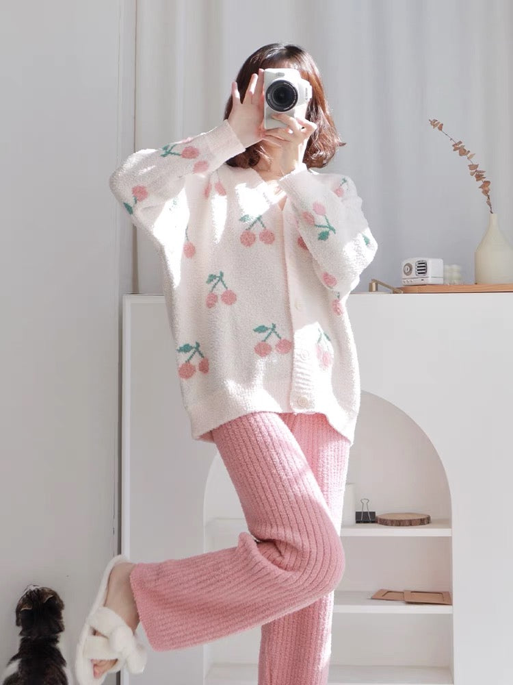 Beautiful things of the season~shui women's autumn and winter cherry cardigan coral velvet winter thickened velvet suit (B4911)