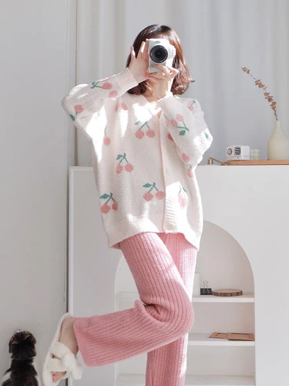 Beautiful things of the season~shui women's autumn and winter cherry cardigan coral velvet winter thickened velvet suit (B4911)