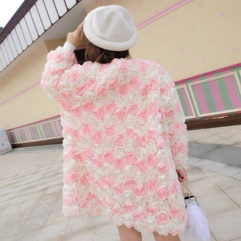 Fairy coat for women 2023 autumn and winter new three-dimensional rose petal mid-length loose internet celebrity chiffon cardigan