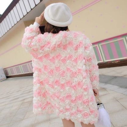 Fairy coat for women 2023 autumn and winter new three-dimensional rose petal mid-length loose internet celebrity chiffon cardigan