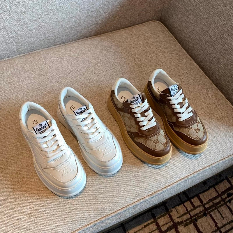 Thick-soled casual sneakers for women 2023 spring new style genuine leather lace-up round toe versatile color-blocked retro white shoes for women (G012
