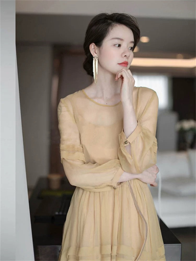2023 new autumn women's tea break French retro gentle chiffon dress elegant lady mid-length skirt