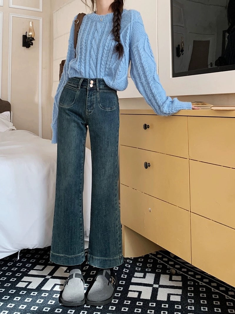 PPHOME Casual and Versatile~ Small straight-leg bootcut jeans for autumn and winter high-waisted cigarette pants and nine-minute long pants