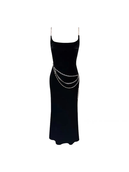 From a moment [beauty in a cage] black sling dress 2023 new female autumn velvet temperament skirt