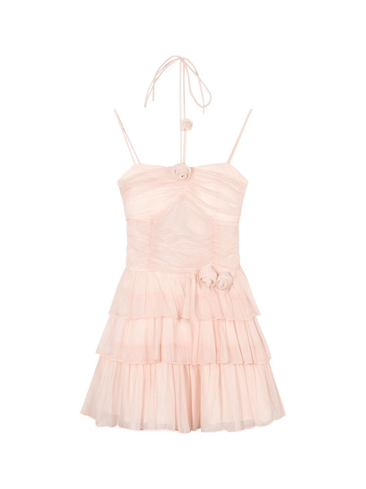 Pure desire suspender halterneck dress for women in summer sweet hottie heavy industry flower skirt temperament ruffled cake skirt