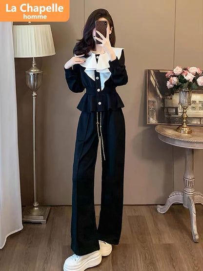 La Chapelle French Casual Sports Suit Women's Autumn 2023 New Fashion Design Ruffled Two-piece Set