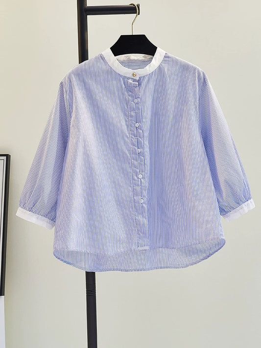 Small stand-up collar blue vertical striped shirt 2024 summer new Korean style literary three-quarter sleeve baby shirt shirt top