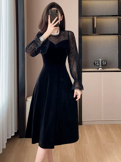 Gentle style lace mesh dress 2023 autumn new French retro mid-length waist slimming skirt